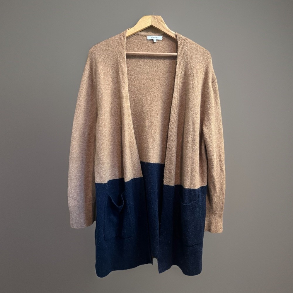 Madewell Cardigan Women L Tan Navy Blue Wool Alpaca Colorblock Open Front Pocket - Picture 1 of 8